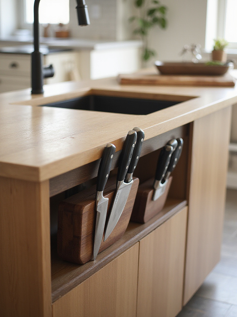 Modern kitchen island with flush-mounted knife block holding a set of chef's knives.