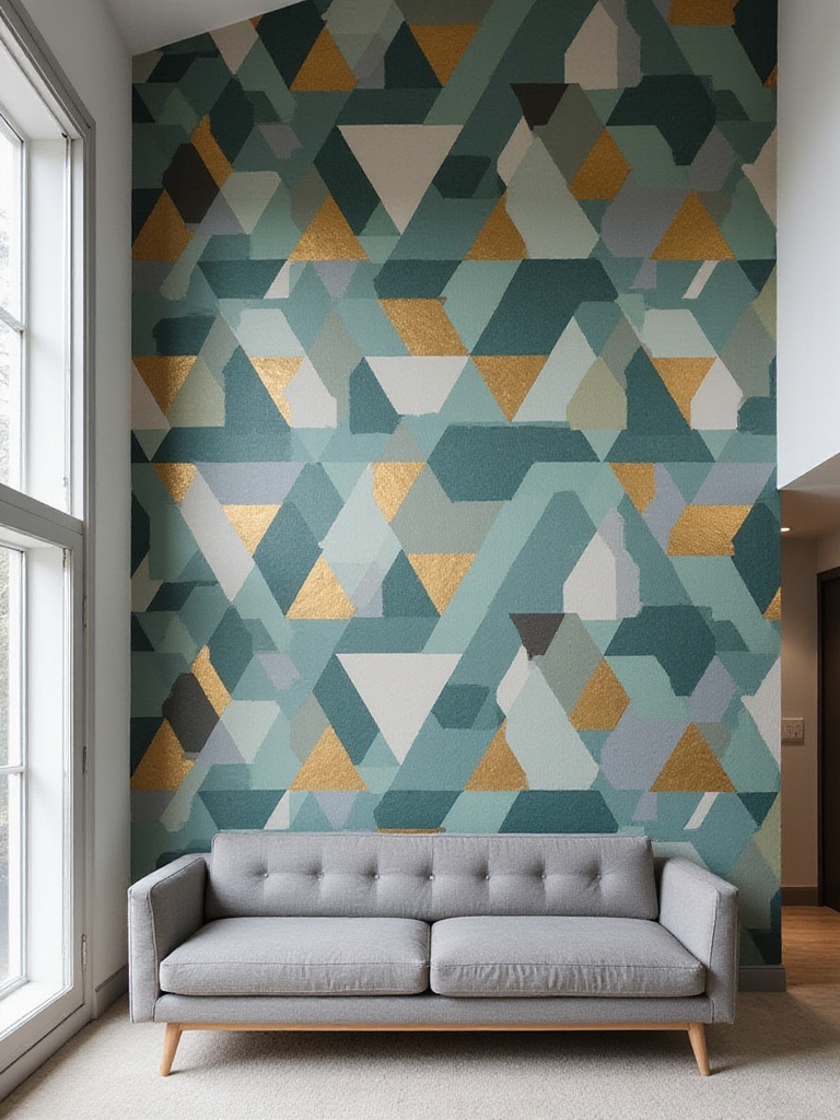 Living room accent wall with large-scale geometric wallpaper in teal, gold, and gray.
