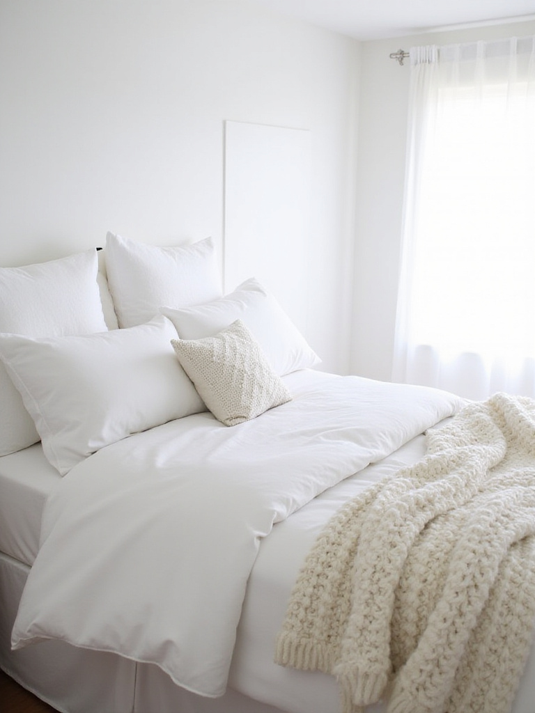 Luxurious white bed with layered bedding for a serene bedroom sanctuary