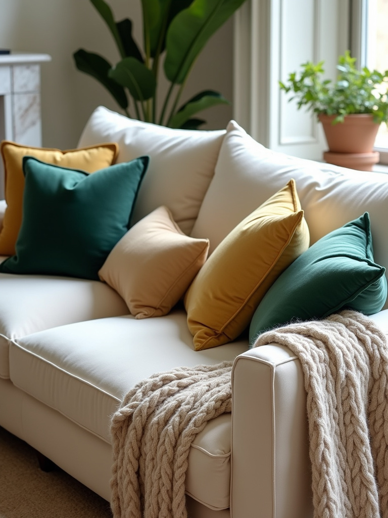 Luxurious living room with plush velvet sofa, textured throw pillows, and merino wool blanket.