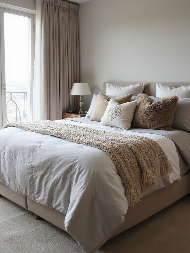 Luxurious textured bedding with linen sheets, quilted coverlet, knit throw, and velvet pillows.