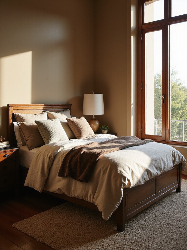 Luxurious bedroom with layered textures including velvet, linen, and knit throws.