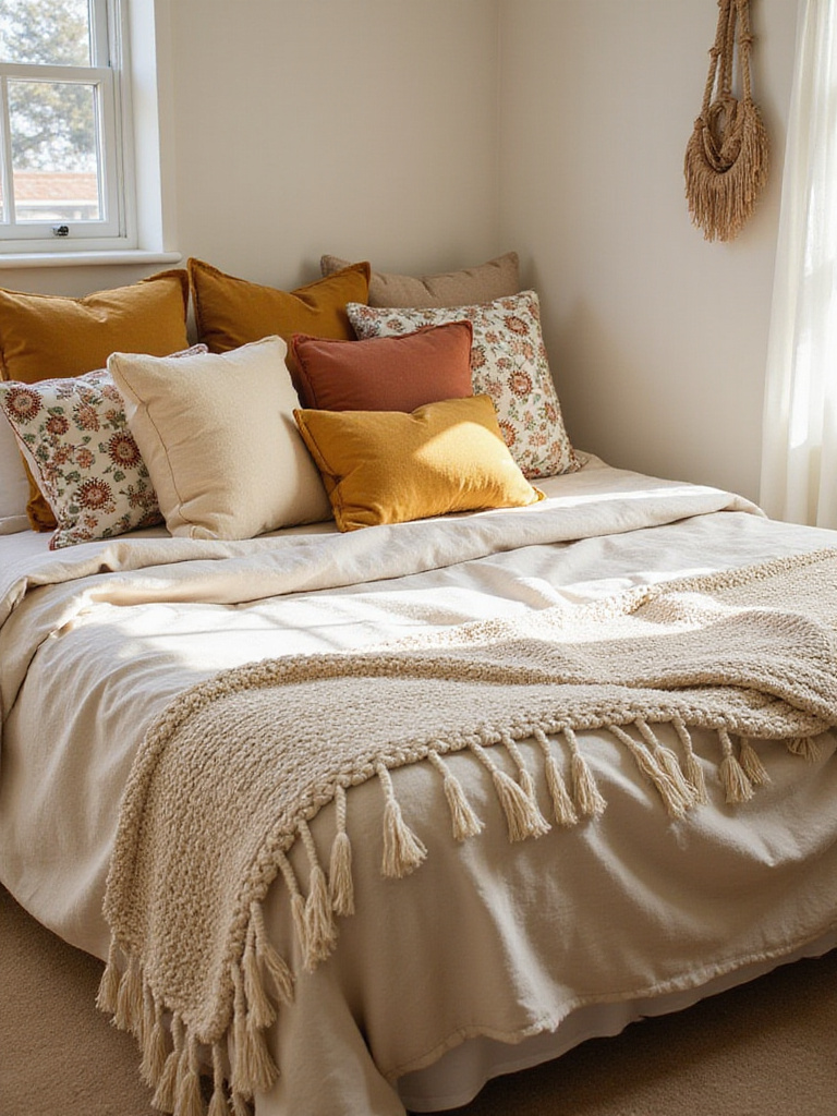 Boho bedroom with layered bedding in neutral tones and earthy colors, featuring linen duvet, macrame throw, and patterned pillows.