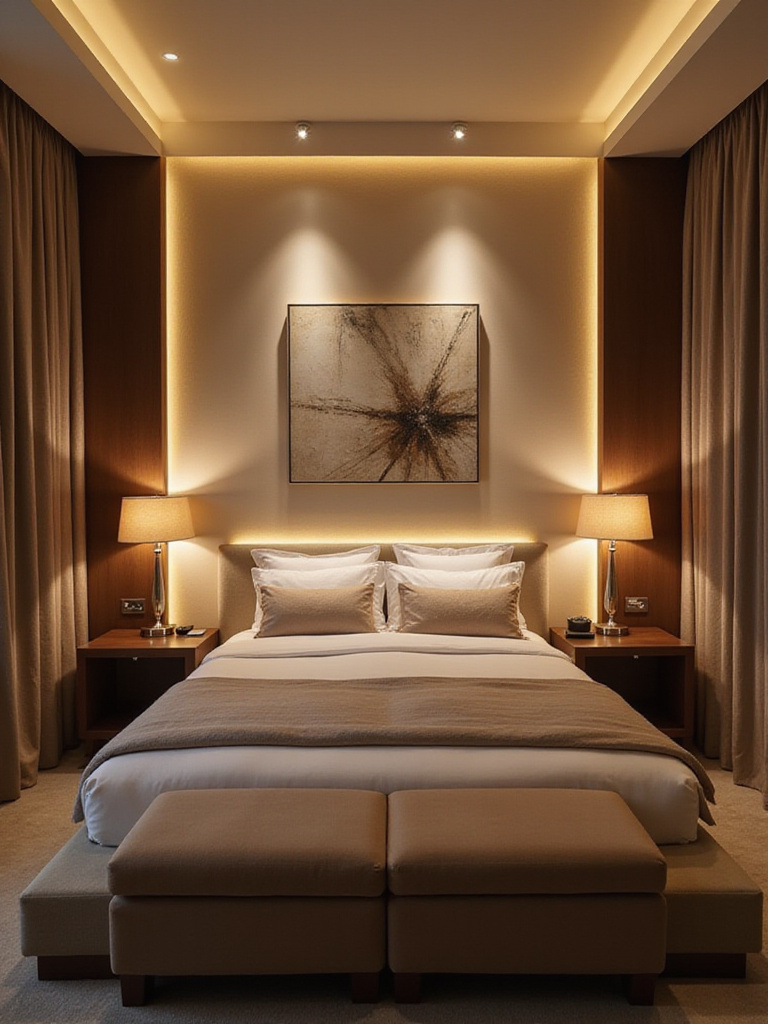 Luxurious bedroom with layered lighting, including recessed lights, bedside lamps, and accent lighting on artwork.