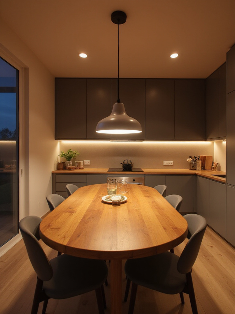Kitchen table lighting with layered ambient, task, and accent lights.