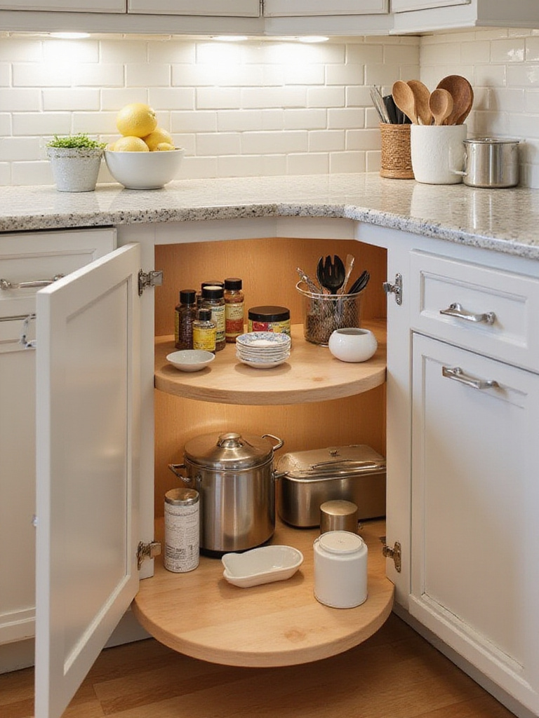 Kitchen island corner cabinet with a two-tiered Lazy Susan holding spices and utensils.