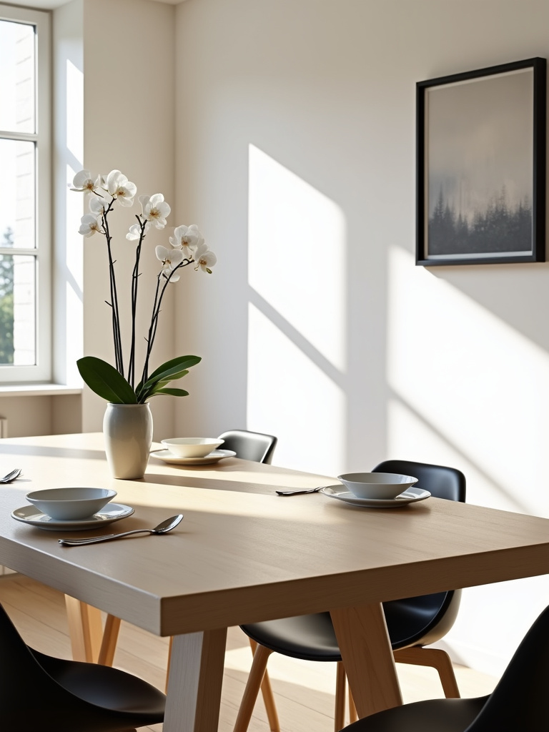 Minimalist modern dining table with light oak wood and black chairs in a bright, airy dining room.