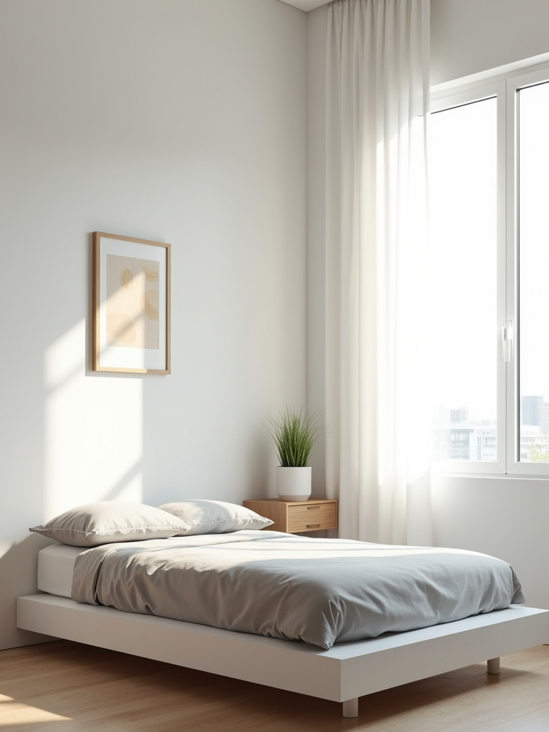 Minimalist small bedroom design with white platform bed and neutral colors.