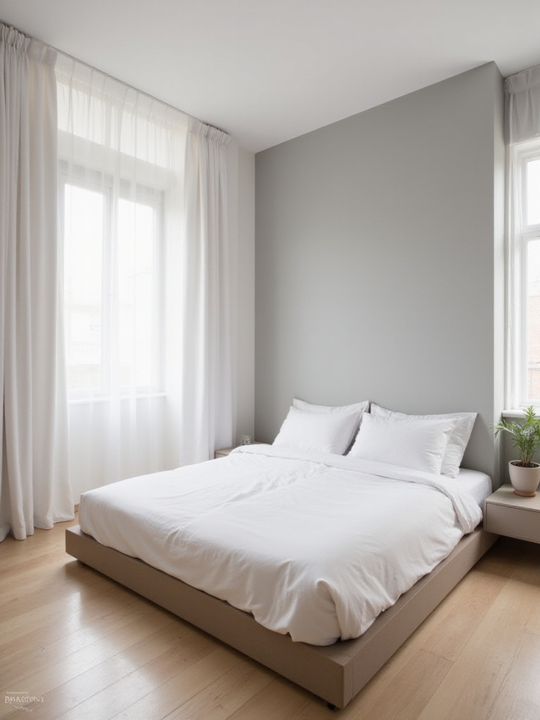 Minimalist bedroom design with white bedding and natural light.