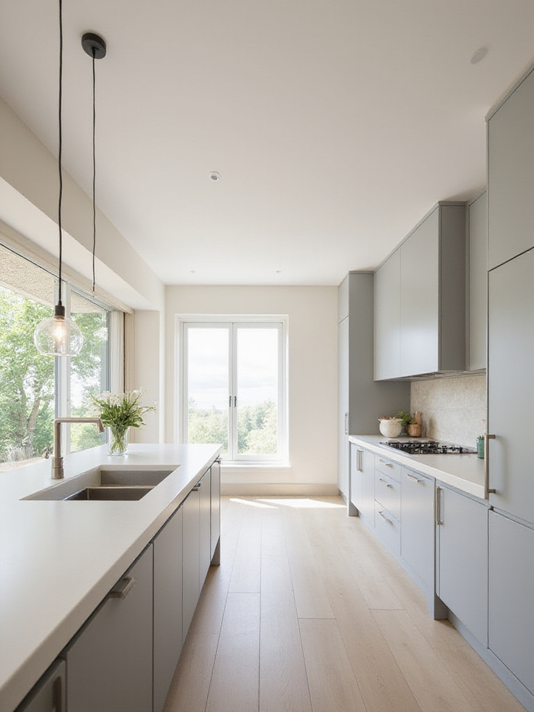 Minimalist luxury kitchen interior with clean lines, neutral color palette, and integrated appliances.