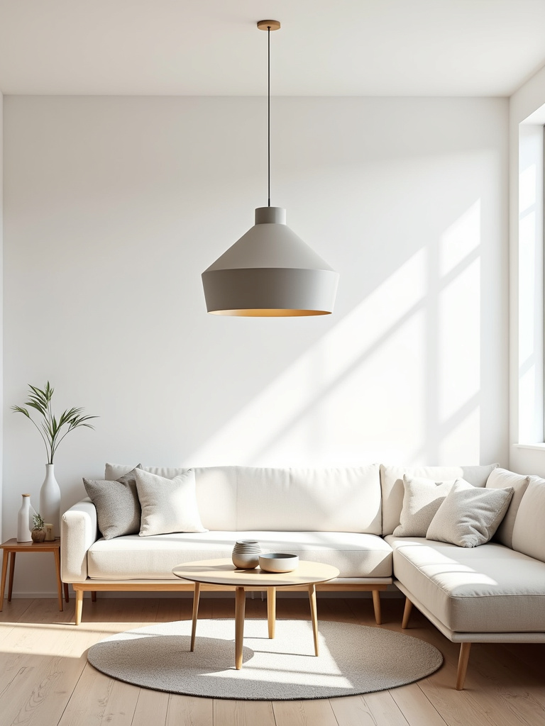 Minimalist living room with a single pendant light fixture above a coffee table.