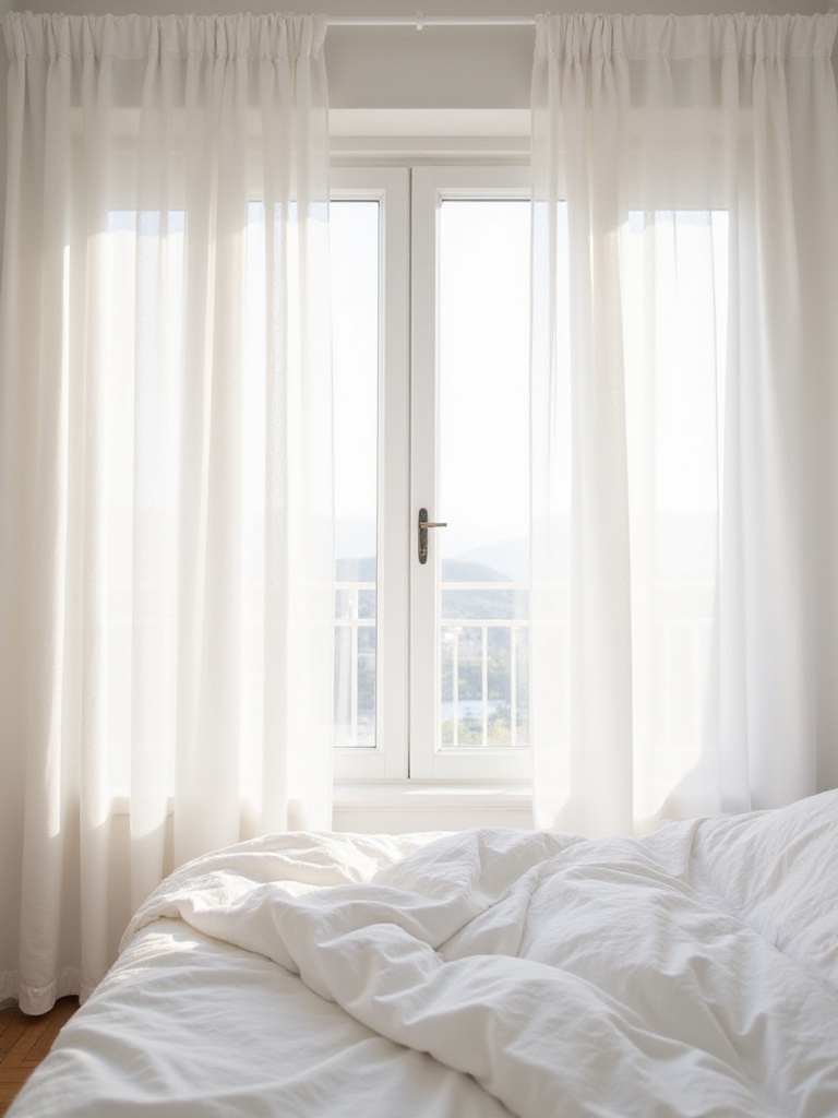 White bedroom with sheer white curtains allowing soft light to filter through