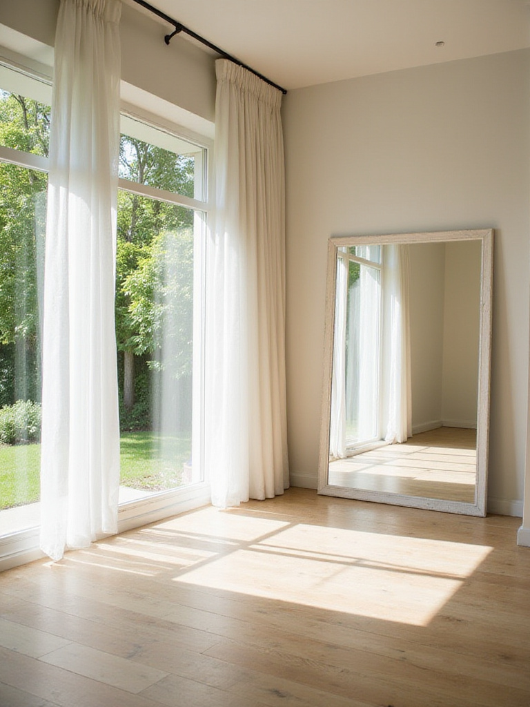 Bright bedroom bathed in natural light with sheer curtains and a large window.