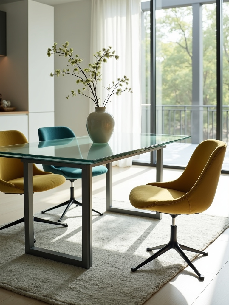 Modern glass top dining table with colorful chairs in a bright dining room