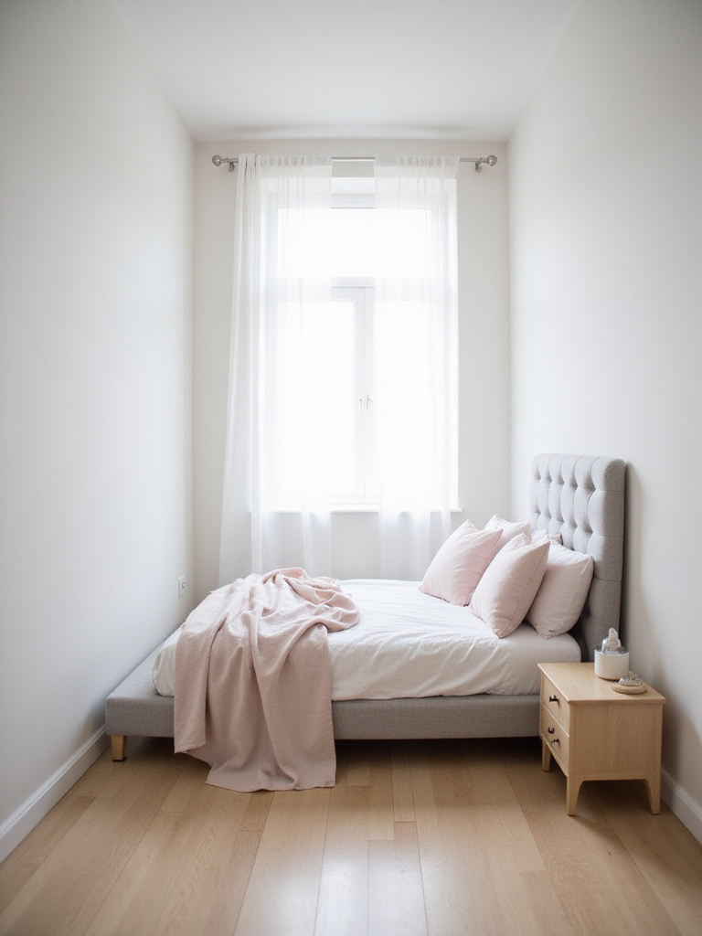 Small bedroom with light and airy color palette, creating a sense of openness.