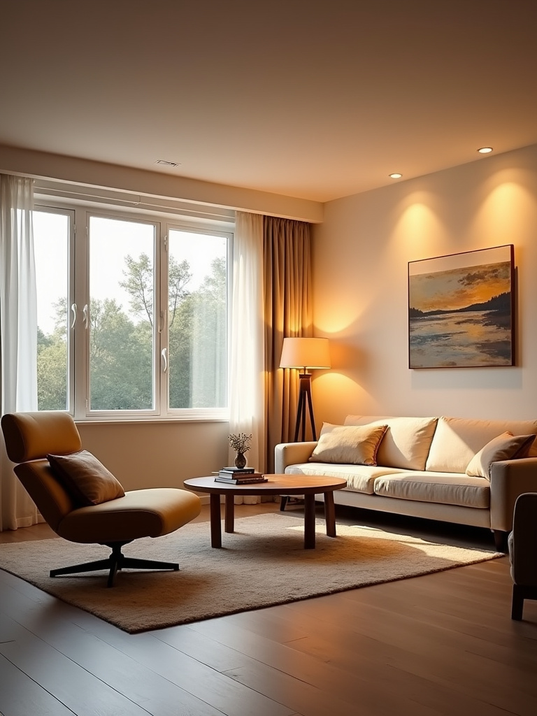 Well-lit living room with layered lighting: ambient, task, and accent, ensuring no dark corners.