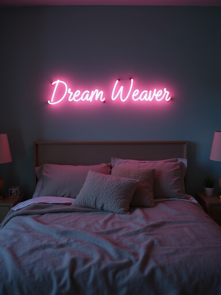 Bedroom interior with teal walls and a pink 'Dream Weaver' neon sign above the bed.