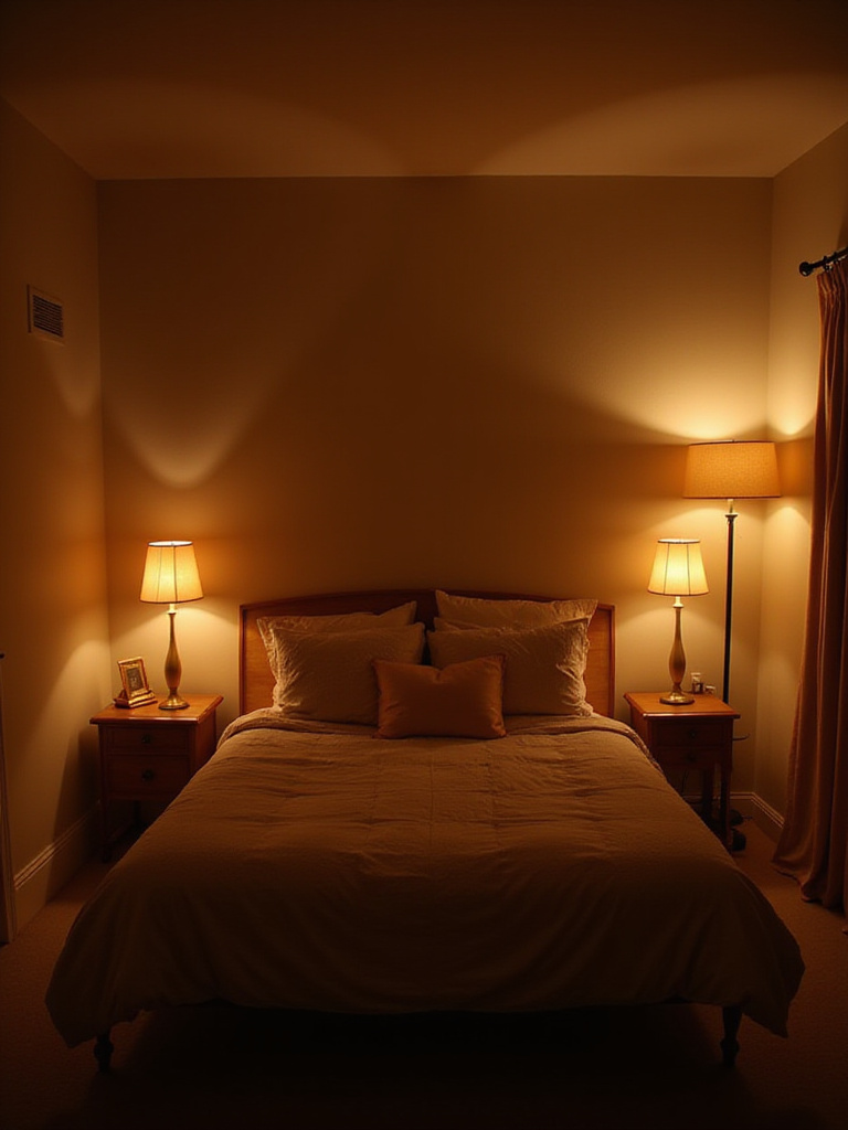 Bedroom with layered lighting, including bedside lamps, floor lamp, and ambient light, creating a warm and inviting atmosphere.