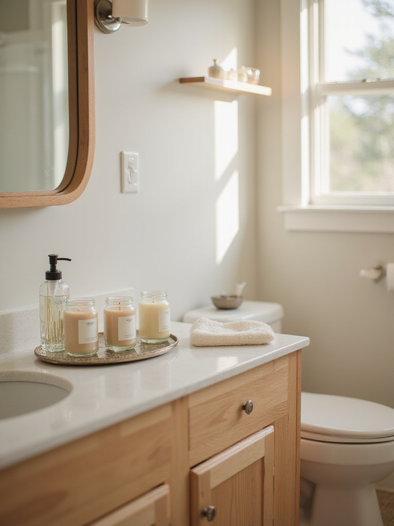Elegant scented candles on a bathroom vanity creating a relaxing atmosphere.