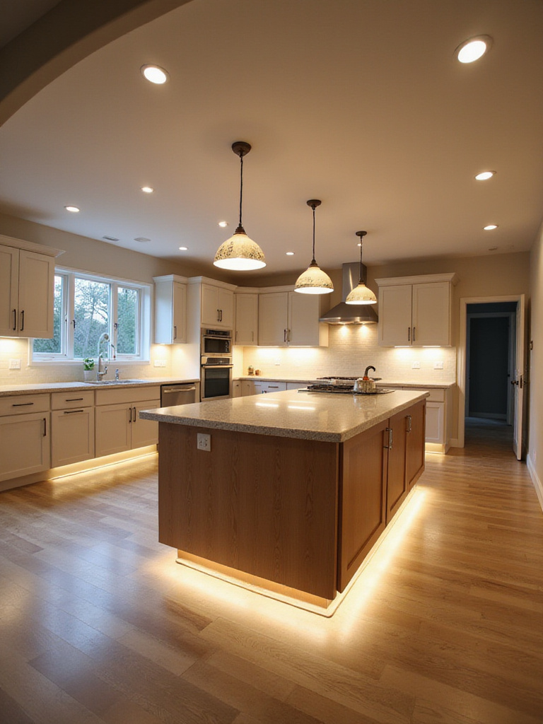 Modern kitchen with layered lighting: pendant lights, under-cabinet lights, recessed lights, and toe-kick lighting.