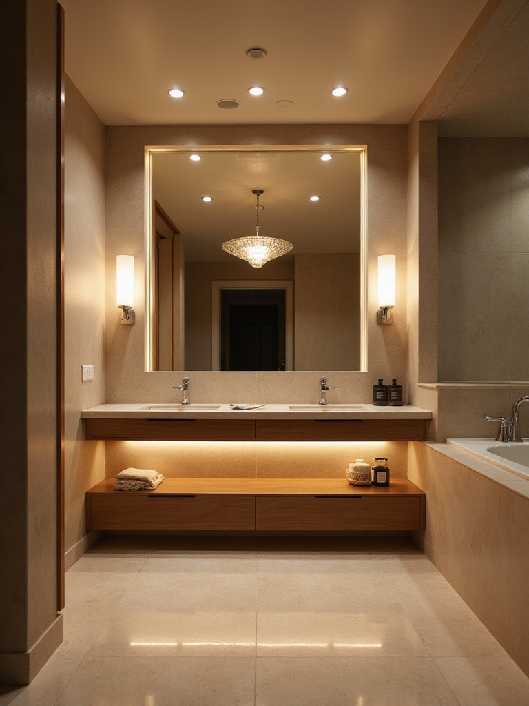 Modern bathroom with layered lighting: under-cabinet LED strip lights, sconces, recessed lighting, and a pendant light.