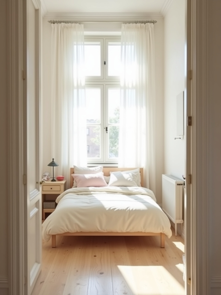 Small bedroom design featuring light colors to maximize space.