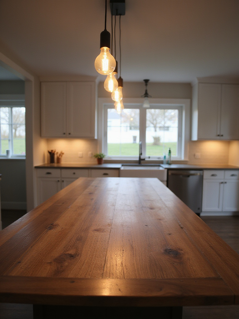 Modern kitchen with a long wooden table illuminated by a sleek linear pendant light.
