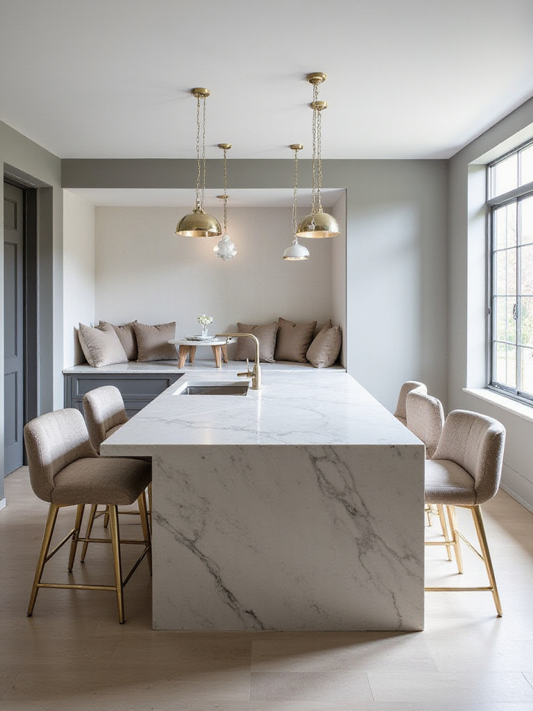 Modern luxury kitchen with island seating and banquette dining area