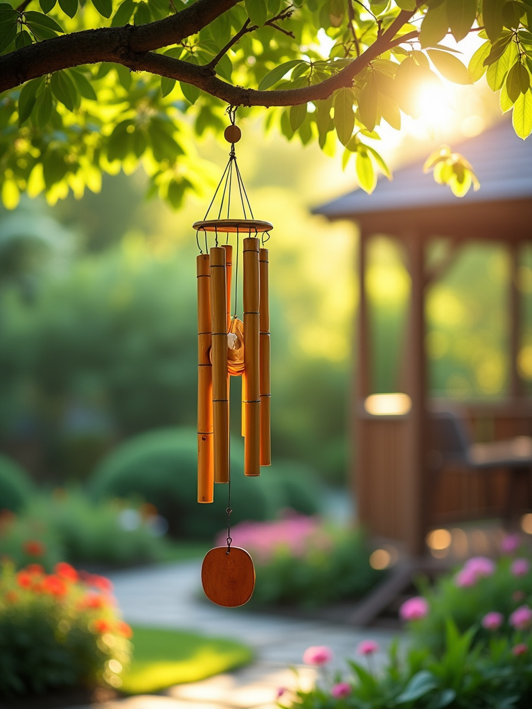 Bamboo wind chime hanging in a tranquil backyard garden