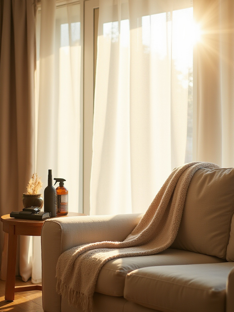 Well-maintained living room couch protected with a throw blanket and cleaning supplies nearby