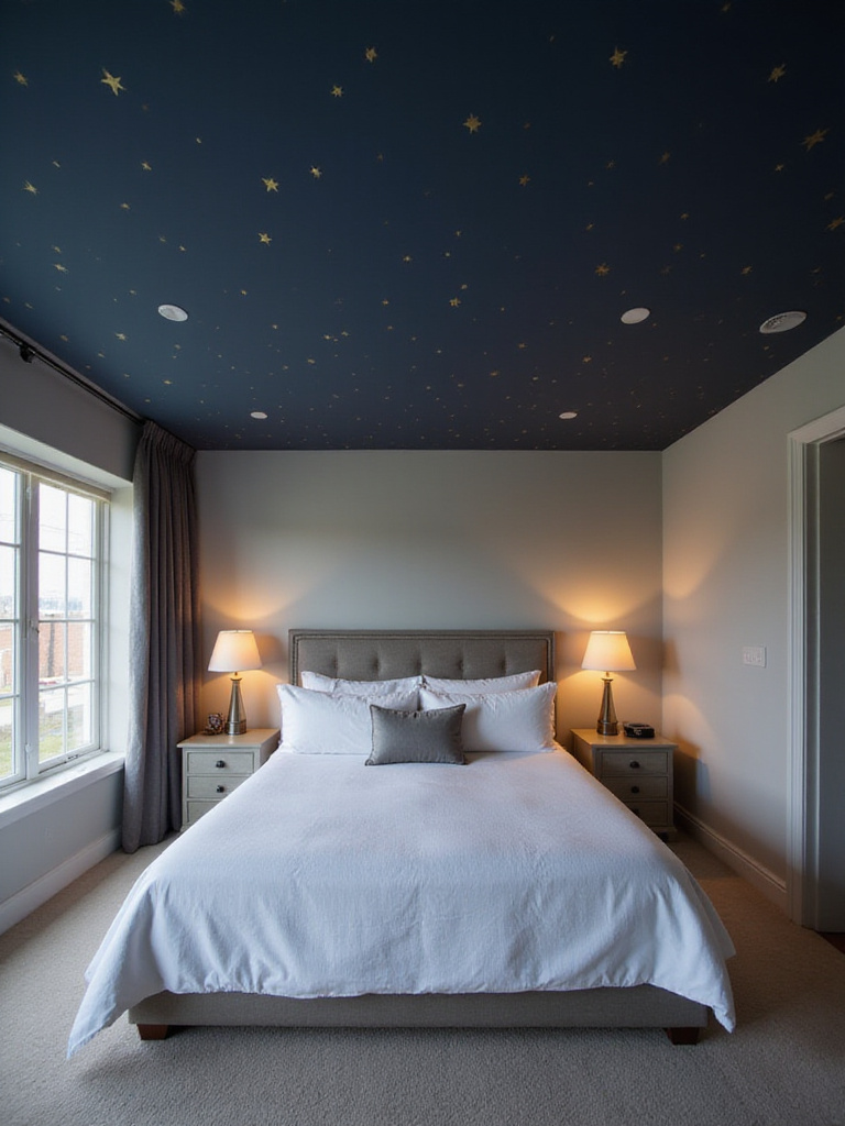 Bedroom with a statement ceiling painted dark blue with gold stars.