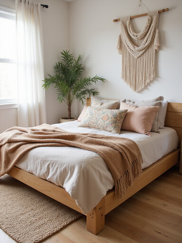 Boho bedroom with a low wooden platform bed, layered textiles, and macrame wall hanging.