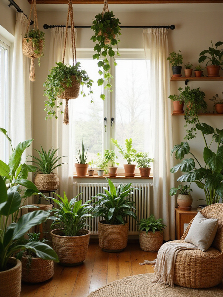 Boho bedroom with lush greenery, including hanging macrame planters and potted houseplants.
