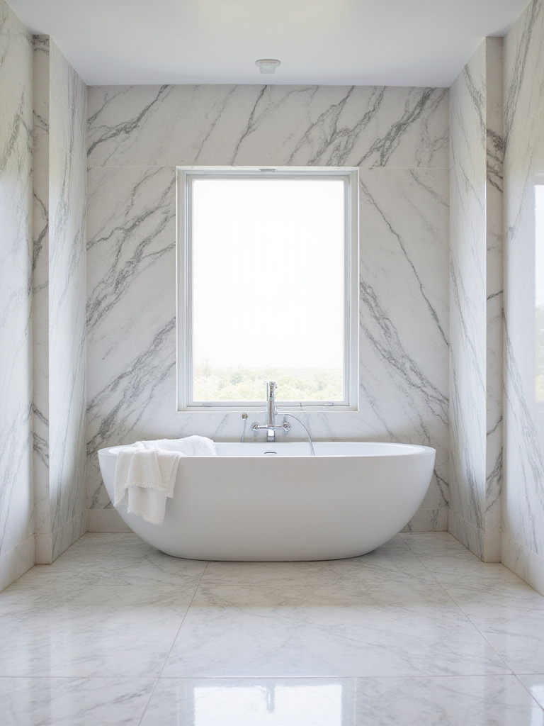 Luxurious bathroom featuring elegant Calacatta marble tile on walls and floor, surrounding a freestanding tub.