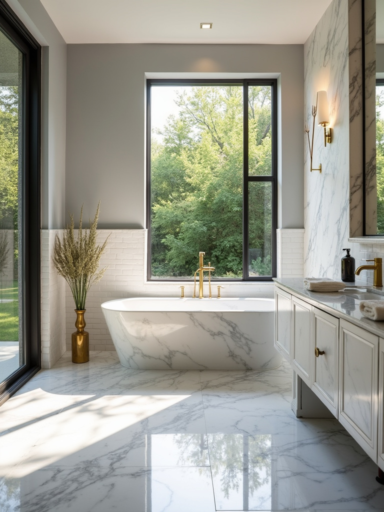 Luxurious bathroom featuring Calacatta marble bathtub and vanity, creating a timeless and elegant design.