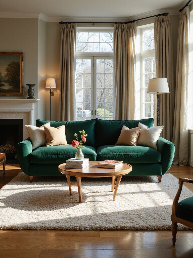 Luxurious green velvet couch in a sunlit living room setting.