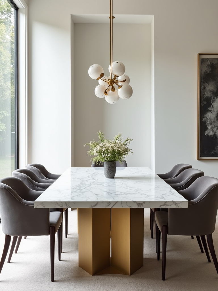Modern dining room with Calacatta marble top dining table and brushed gold base.