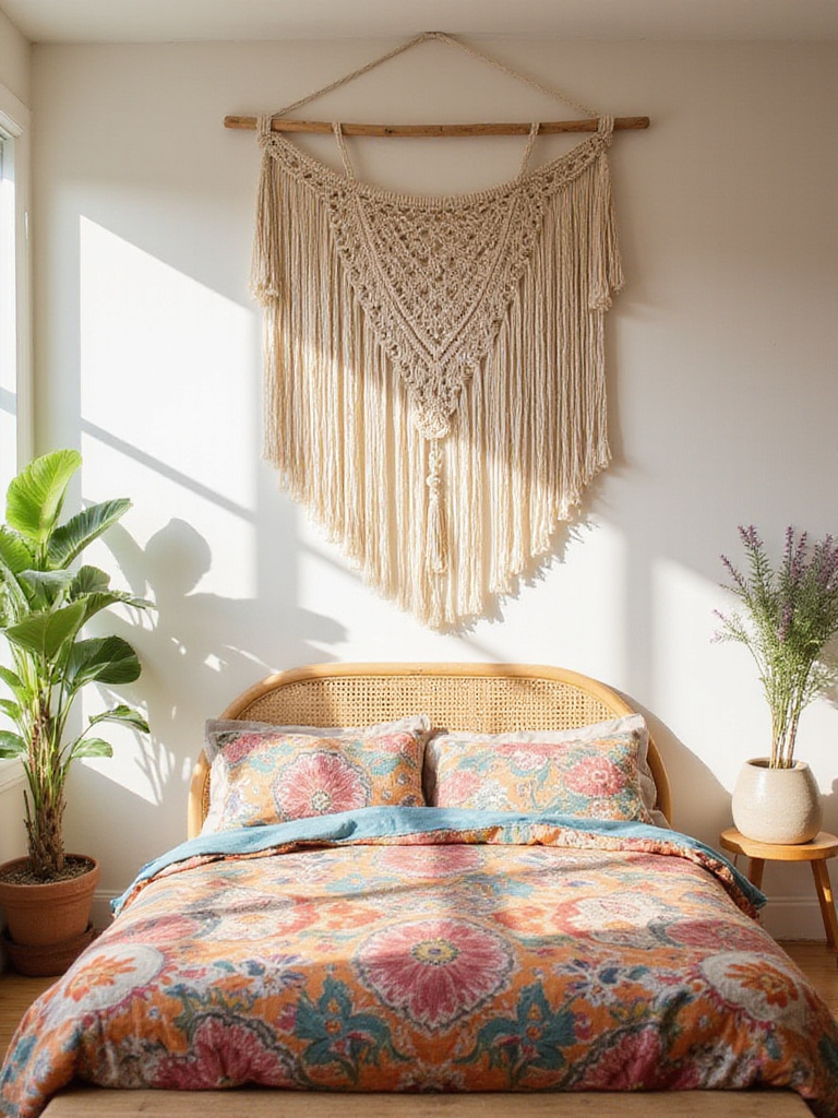 Boho bedroom with macrame wall art above the bed