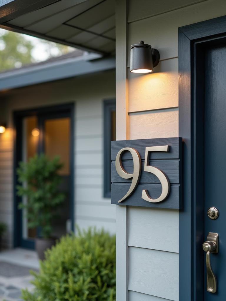 Eye-catching brushed aluminum house numbers mounted on a wooden board beside a modern front door.