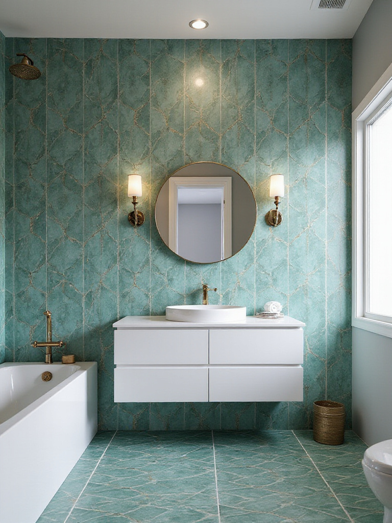 Bathroom featuring a teal and gold geometric tile statement wall.