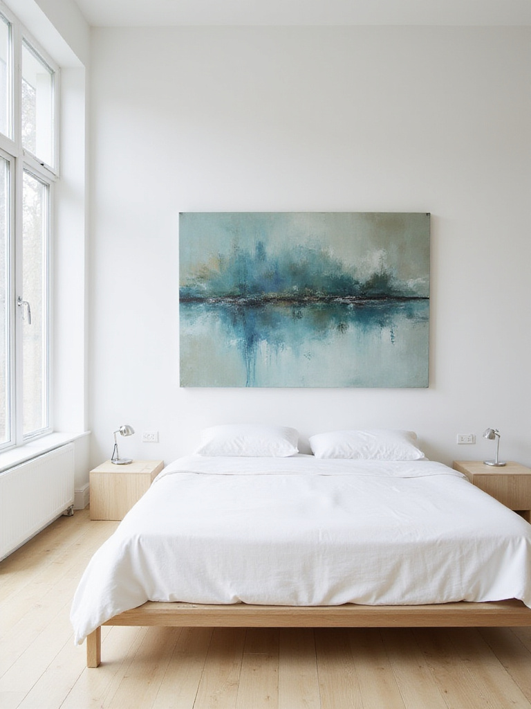 Oversized abstract art in a minimalist bedroom