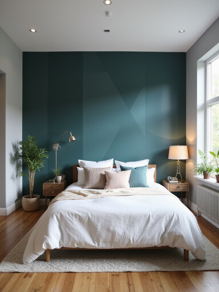 Modern bedroom with a dark teal geometric accent wall behind the bed.
