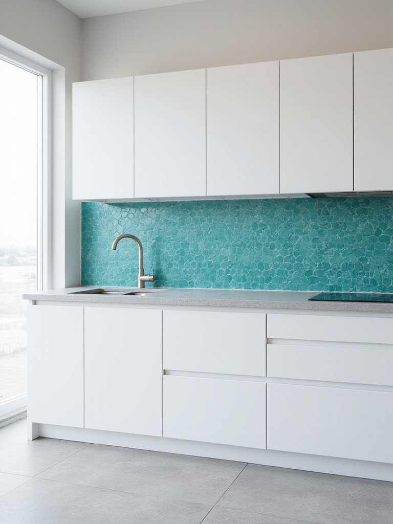 Modern kitchen with bold teal geometric tile backsplash