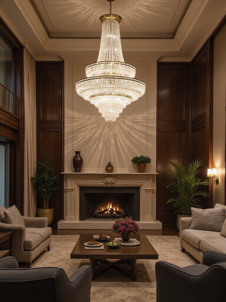 Elegant living room with a statement crystal chandelier.
