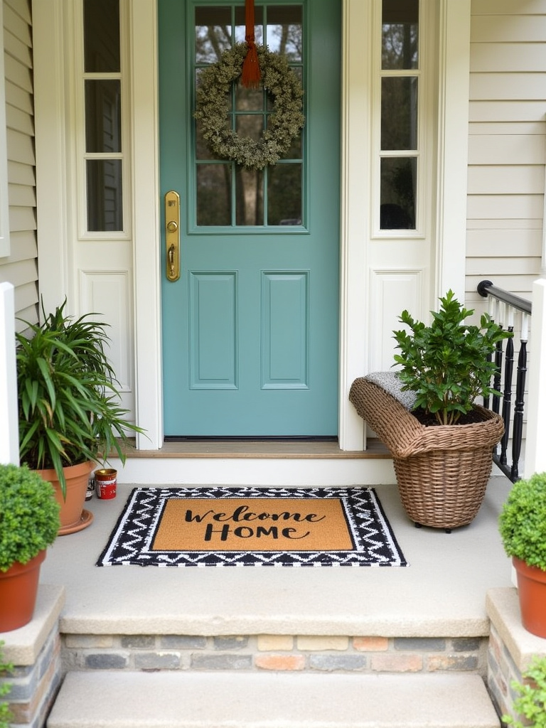Stylish layered welcome mat with geometric rug and coir mat on a craftsman front porch.
