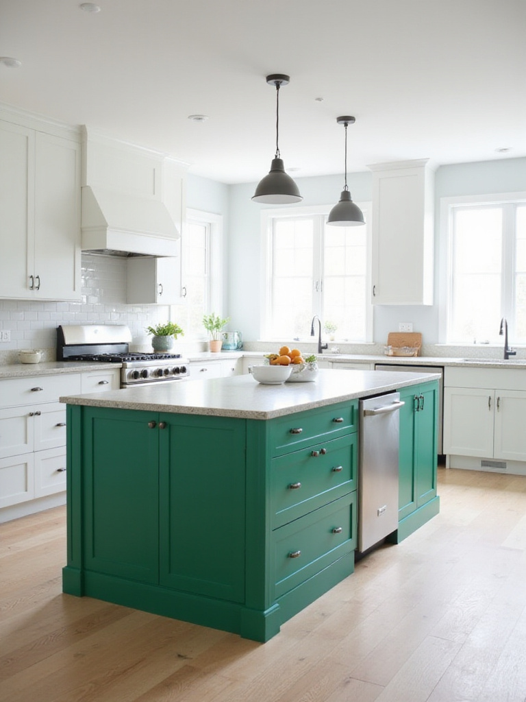 Modern kitchen with emerald green island