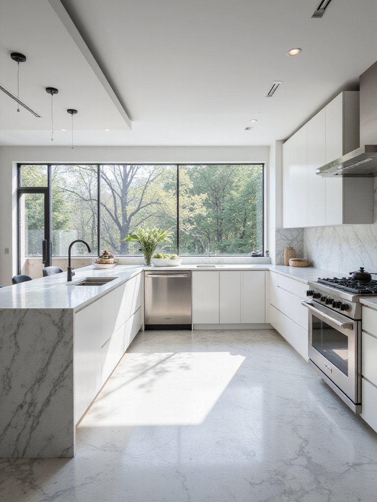 Luxury kitchen with marble countertops and waterfall island