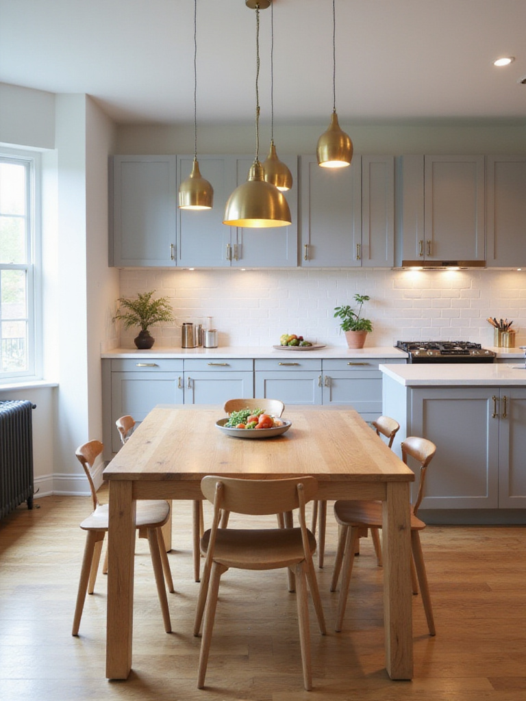 Kitchen with gray cabinets, white quartz countertops, and brushed brass pendant lights above a wooden dining table.