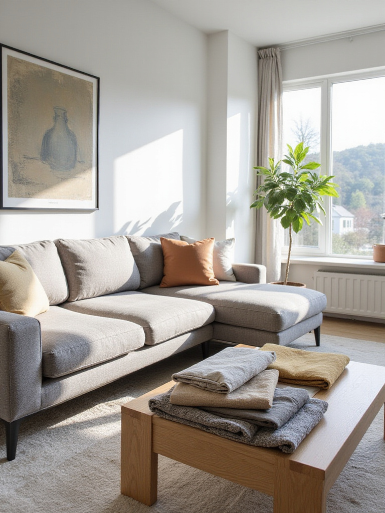 Living room with grey sectional couch and fabric swatches, showcasing couch material options