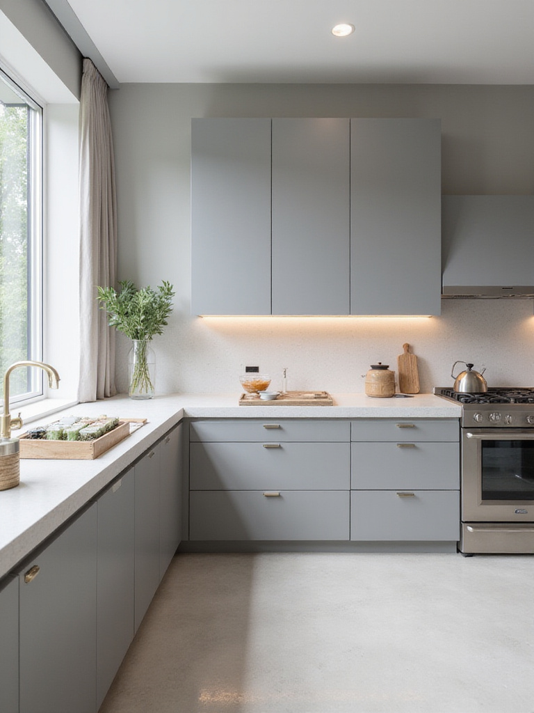 Modern kitchen with matte gray cabinets and light gray matte walls showcasing a non-reflective, sophisticated design.